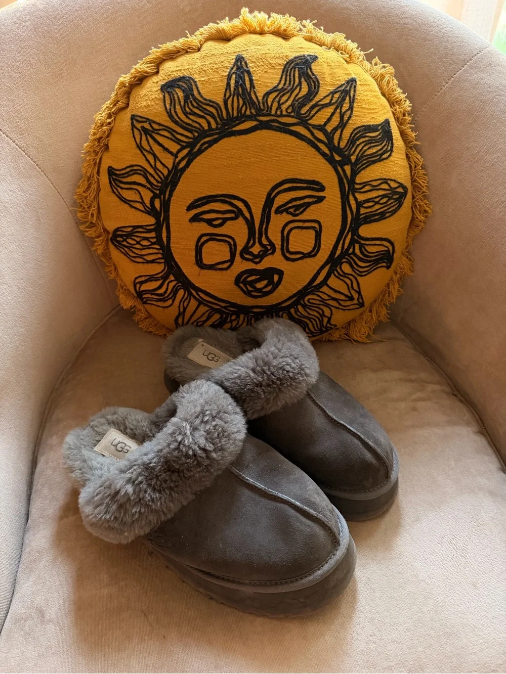 UGG Gray Suede Shearling Platform Slipper Clog